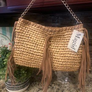 crossbody bag/Purse- straw, brown & gold, leather fringe